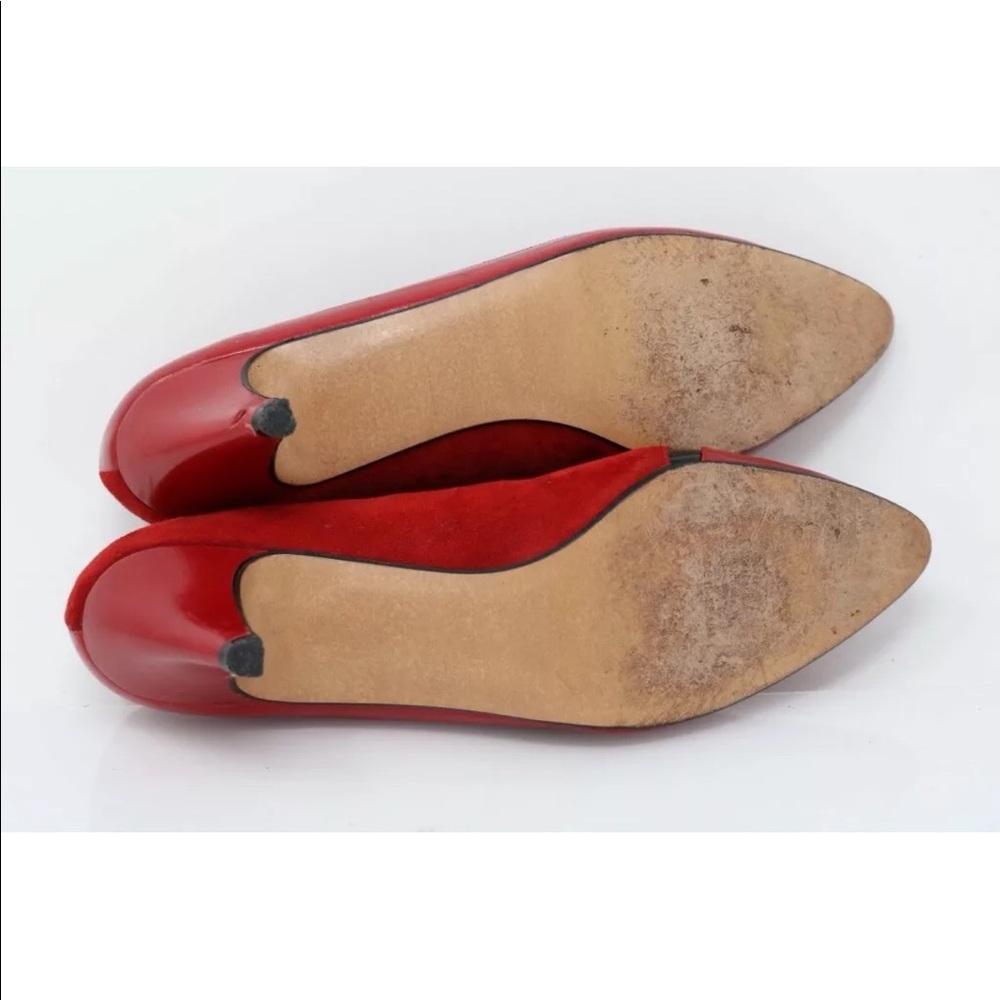 VTG Palizzio Italian Red Black Leather Suede Pointed Toe Low Kitten Heel Pump 9N - Picture 15 of 16